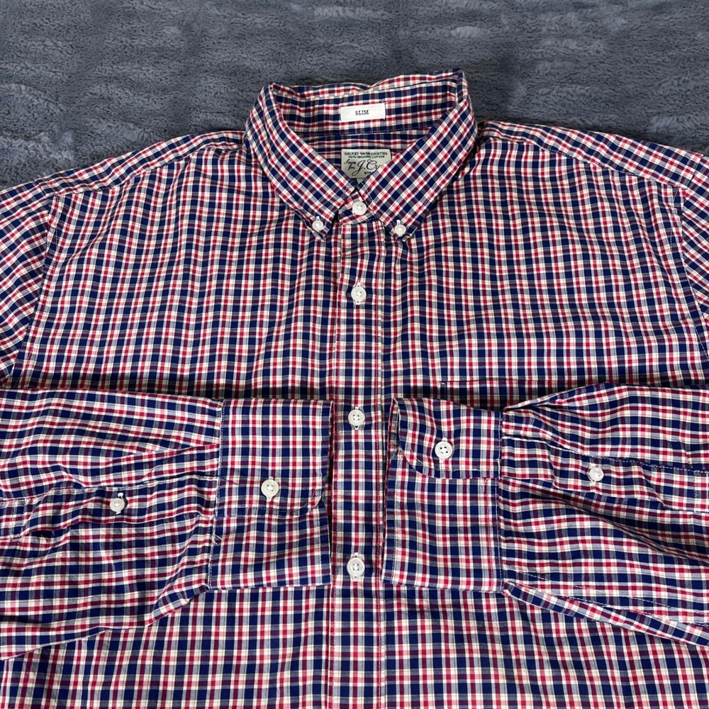 J.Crew Slim Secret Wash Shirt Mens XL Red Navy Blue Gingham Plaid Stretch Cotton